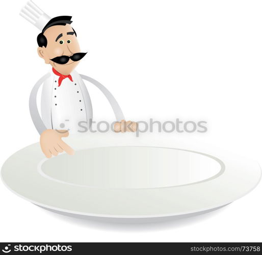 Illustration of a cartoon chef cook holding plate for showing today's menu