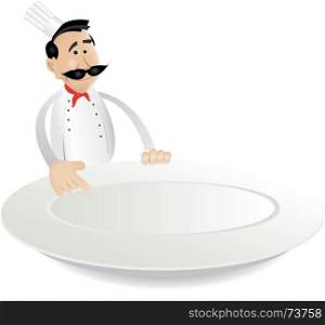 Illustration of a cartoon chef cook holding plate for showing today's menu