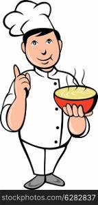 illustration of a Cartoon Chef cook with bowl of soup with hand extended saying number one.. Cartoon Chef cook with bowl of soup