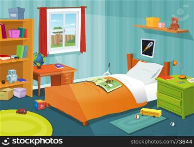 Illustration of a cartoon children bedroom with boy or girl lifestyle elements, toys, bed, books, desk, bookshelf, teddy bear. Some Kid Bedroom