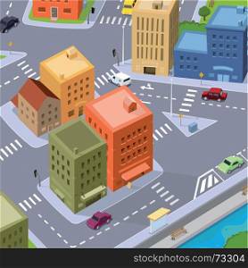 Illustration of a cartoon city, aerial view with buildings and cars driving. Cartoon City Traffic