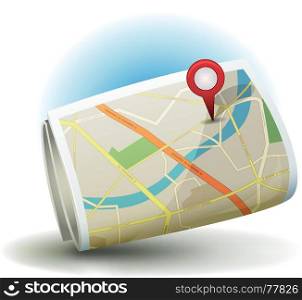 Illustration of a cartoon city map icon printed on scrolled paper with yellow and white roads, street, district blocks and places, with red gps icon. Cartoon City Map Icon With GPS Pin