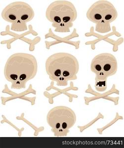 Illustration of a cartoon collection of various skulls and cross bones. Skull And Cross Bones Set