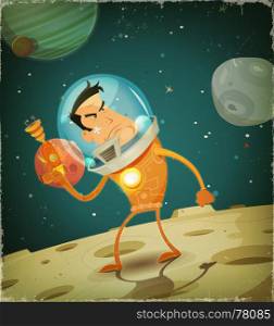 Illustration of a cartoon comic astronaut hero character in scifi cosmos landscape background. Comic Astronaut Hero