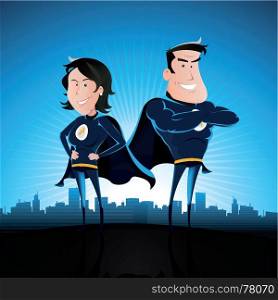 Illustration of a cartoon couple of superhero man and woman standing proudly with star burst shining and cityscape behind. Blue Superhero Man And Woman