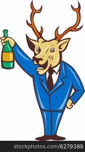 illustration of a cartoon deer holding champagne wine bottle in business suit on isolated background. stag deer holding champagne wine bottle
