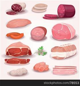 Illustration of a cartoon delicatessen set, with various pieces of french or italian prepared pork meat, including white and country ham, salami slices, sausage, chorizo, bacon and pepperoni. Delicatessen And Butchery Meat Set