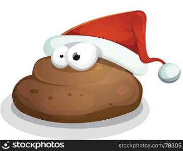 Illustration of a cartoon dog dung character, with santa claus hat for funny happy new year message. Funny Dung With Santa Hat