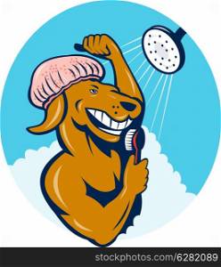 illustration of a Cartoon dog singing shower scrubbing with brush. Cartoon dog singing shower scrubbing brush