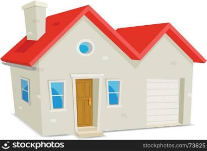 Illustration of a cartoon domestic house exterior with garage on white background. House And Garage