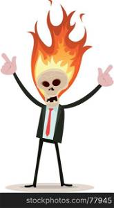 Illustration of a cartoon evil businessman character with skull head in fire. Skeleton Head Devil Businessman