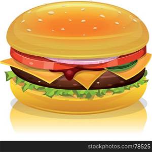 Illustration of a cartoon fast food hamburger icon, with tomatoes,red onion, salad leaves, cheese, ketchup, gherkin slice, beef steak and bread buns. Hamburger Icon
