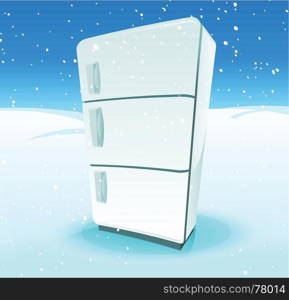 Illustration of a cartoon fridge inside cold winter north pole landscape, with snow and ice background. Fridge Inside North Pole Landscape