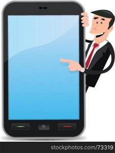 Illustration of a cartoon funny and happy businessman pointing an advertisement sign on a smartphone device. Cartoon Man Pointing Smartphone
