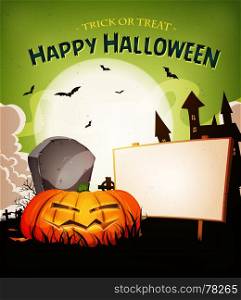 Illustration of a cartoon funny halloween holidays spooky horror landscape, with wicked pumpkin and blank wood sign. Halloween Holidays Landscape Background