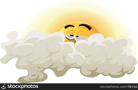 Illustration of a cartoon funny sun character asleep behind cloudscape, symbolizing morning dust and fall season. Cartoon Asleep Sun Character