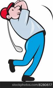 Illustration of a cartoon golfer golfing swinging golf club on isolated white background.&#xA;