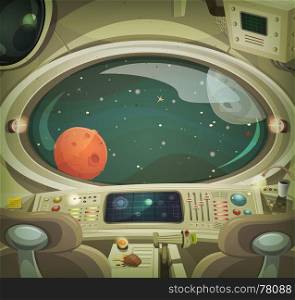 Illustration of a cartoon graphic scene of cosmic spacecraft interior traveling through scifi cosmos. Spaceship Interior