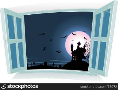 Illustration of a cartoon halloween castle inside night landscape by an open window, with full moon rising, bats flying and tombstones for october fall holidays. Halloween Landscape By The Window
