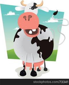 Illustration of a cartoon happy dairy cow inside spring landscape. Cartoon Funny Cow