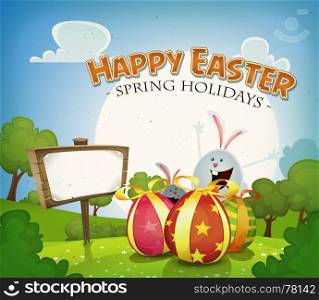 Illustration of a cartoon happy easter holidays background in spring or summer season, with happy rabbits and bunnies bringing chocolate eggs gifts, country landscape and announcement wood sign. Easter Holidays Background