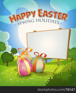 Illustration of a cartoon happy easter holidays background in spring or summer season, with chocolate eggs gifts, country landscape and announcement wood sign. Spring Time And Easter Holidays