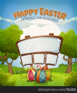 Illustration of a cartoon happy easter holidays background in spring or summer landscape season, with chocolate eggs gifts and announcement wood sign for wishes. Easter Holidays And Spring Landscape With Sign