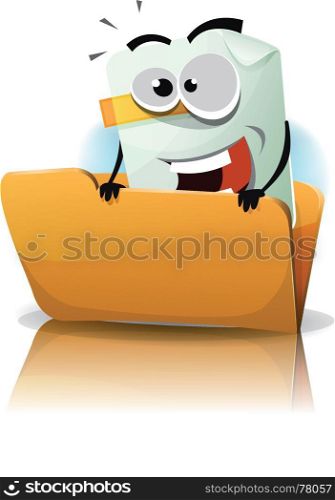 Illustration of a cartoon happy funny file icon character coming from folder. File Icon Character