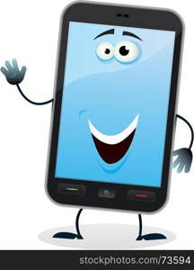 Illustration of a cartoon happy mobile phone character doing welcoming sign. Cartoon Mobile Phone Character