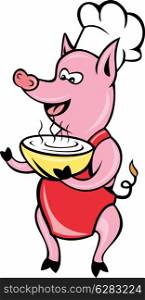illustration of a Cartoon Happy Pig chef cook baker serving soup bowl isolated on white . Happy Pig chef cook baker soup bowl
