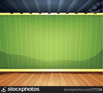 Illustration of a cartoon home interior room or office with wood flooring ground and empty green striped wallpaper behind. Empty Room With Striped Wallpaper