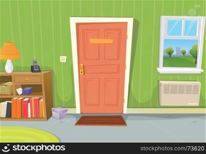 Illustration of a cartoon home interior with living room door entrance, various household objects and window opened on a spring urban landscape