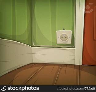 Illustration of a cartoon home or office corner of room detail with wooden flooring, power supply and closed door. Cartoon Corner Of Room Close-Up
