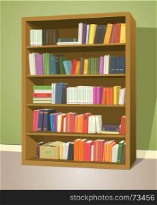Illustration of a cartoon home or school wooden bookshelf inside library store with books rows. Library Bookshelf