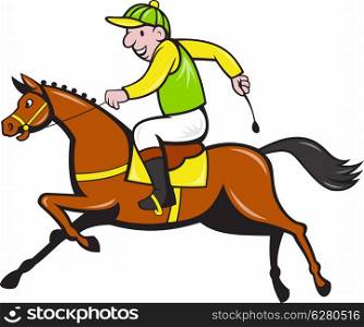 Illustration of a cartoon horse and equestrian jockey racing viewed from side.&#xA;