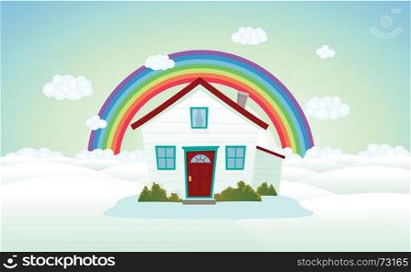 Illustration of a cartoon house on cloudscape with rainbow. House In The Clouds With Rainbow