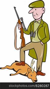 Illustration of a cartoon hunter with rifle standing on dead deer on isolated white background.&#xA;