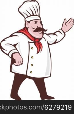 illustration of a cartoon Italian chef with mustache saying hello or welcome with hands extended isolated on white. cartoon italian chef with mustache