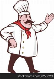 illustration of a cartoon Italian chef with mustache saying hello or welcome with hands extended isolated on white. cartoon italian chef with mustache
