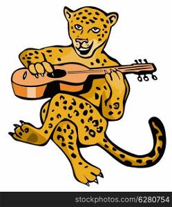 Illustration of a cartoon jaguar lion playing guitar isolated on white background done in retro style. . Jaguar Playing Guitar Cartoon