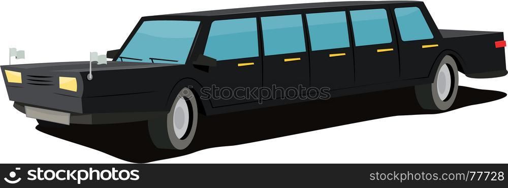 Illustration of a cartoon long diplomatic embassy black car with little flags