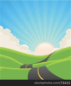 Illustration of a cartoon long road snaking inside green hills in spring or summer landscape. Blue Summer Landscape Road