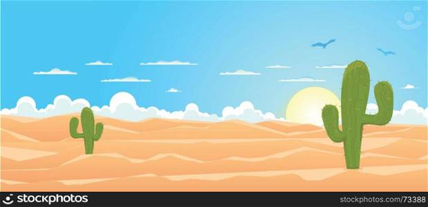 Illustration of a cartoon mexican or Texas desert landscape with cactus, sand dunes and vultures flying in the sky. Cartoon Wide Desert
