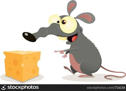 Illustration of a cartoon mouse or rattus norvegicus finding a piece of cheese to eat. Cartoon Rat And Piece Of Cheese