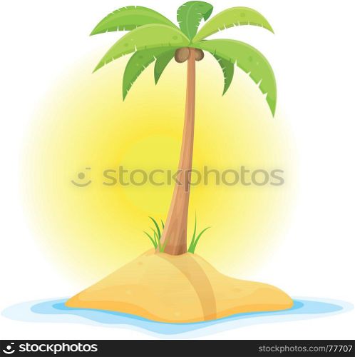 Illustration of a cartoon piece of sand in tropical ocean background with palm tree, coconut, and little desert island beach. Palm Tree On Tropical Desert Island