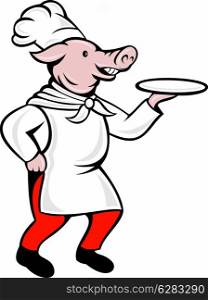 illustration of a cartoon pig chef cook or baker serving platter plate dish isolated on white viewed from side. cartoon pig chef cook baker serving platter