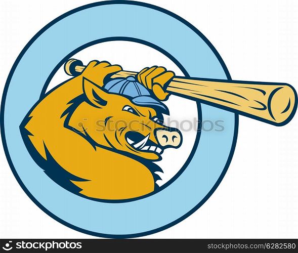 illustration of a Cartoon Razorback or wild pig swinging a baseball bat enclosed in a circle. Razorback wild pig playing baseball bat