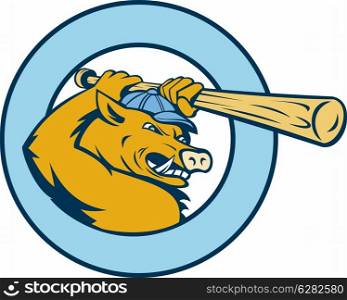 illustration of a Cartoon Razorback or wild pig swinging a baseball bat enclosed in a circle. Razorback wild pig playing baseball bat