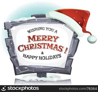 Illustration of a cartoon red santa claus hat settled on stone and rock sign in the snow for merry christmas holidays celebration. Santa Claus Hat On Funny Stone Sign