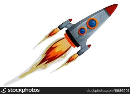 Illustration of a cartoon retro iron spaceship blasting off and flying isolated on white. Comic Rocket Ship